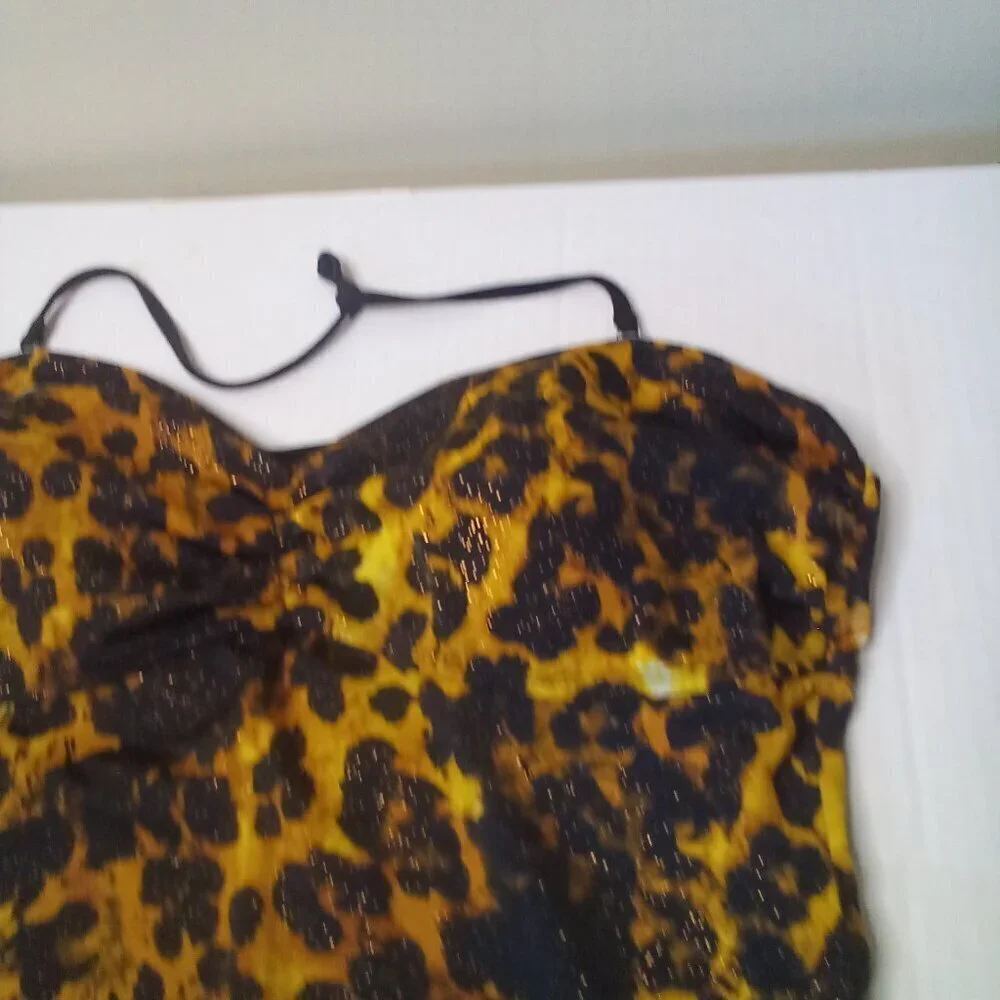 Jaclyn Smith Tankini Top Women 18 Swim Halter Padded Cup Animal Print Black Gold
